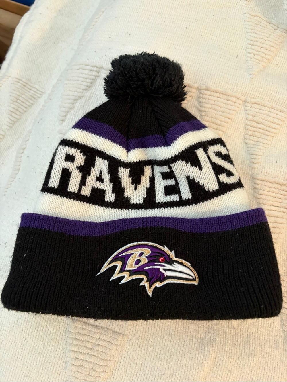 NFL Baltimore Ravens Black Purple White Pom Beanie